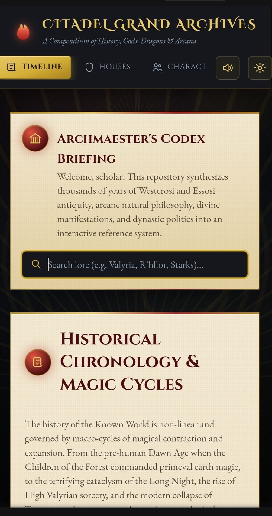 Citadel Grand Archives, an interactive Game of Thrones lore compendium with searchable timeline and houses