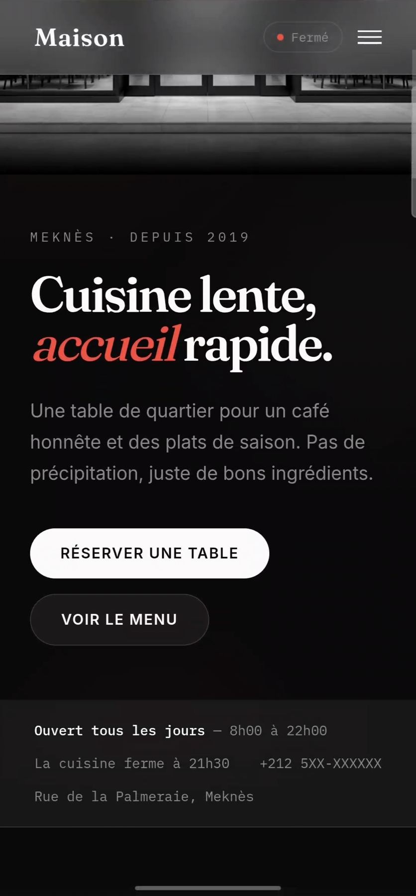 Maison, a café concept site with a black and white liquid glass interface