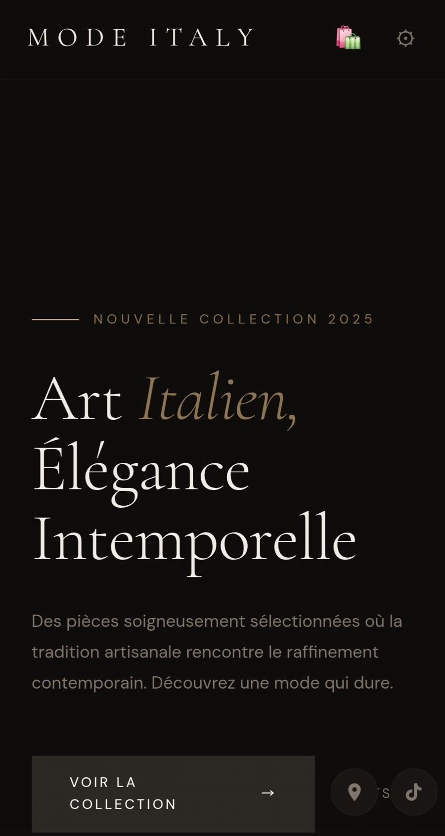 Mode Italy, an Italian fashion e-commerce concept site with a dark editorial interface