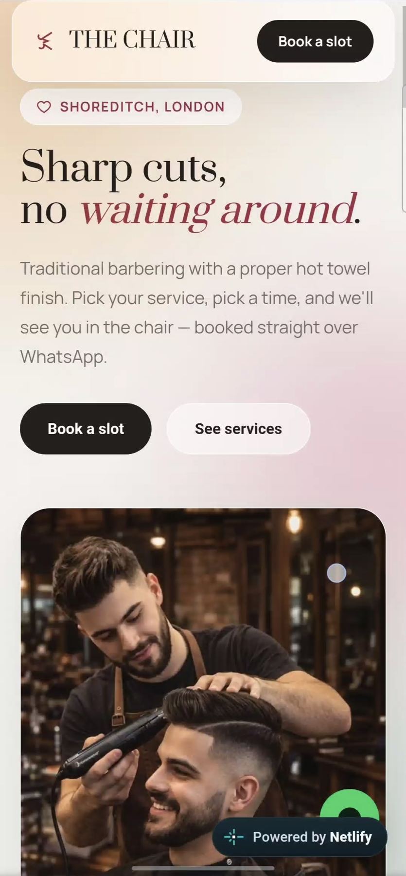 The Chair, a barbershop booking concept site set in Shoreditch, London